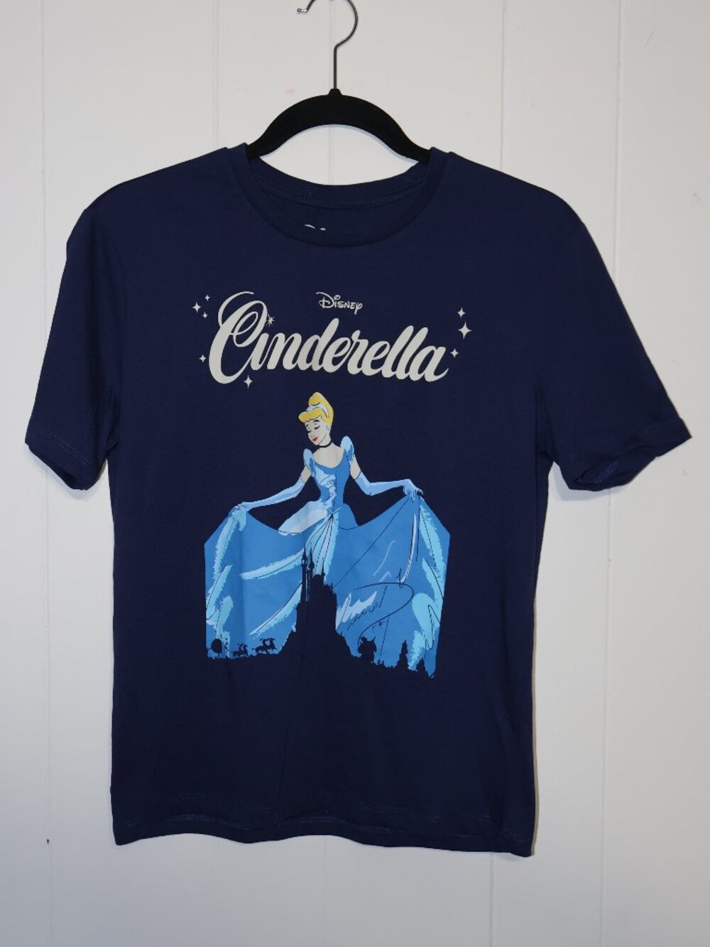Disney Cinderella Graphic T-Shirt Navy Blue Princess Castle Cotton (Women’s S)